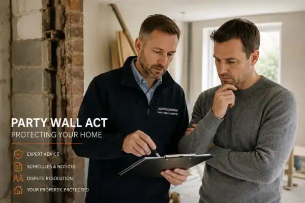 Party wall surveyor Sandhurst discussing extension plans with homeowner outside a UK semi-detached house.